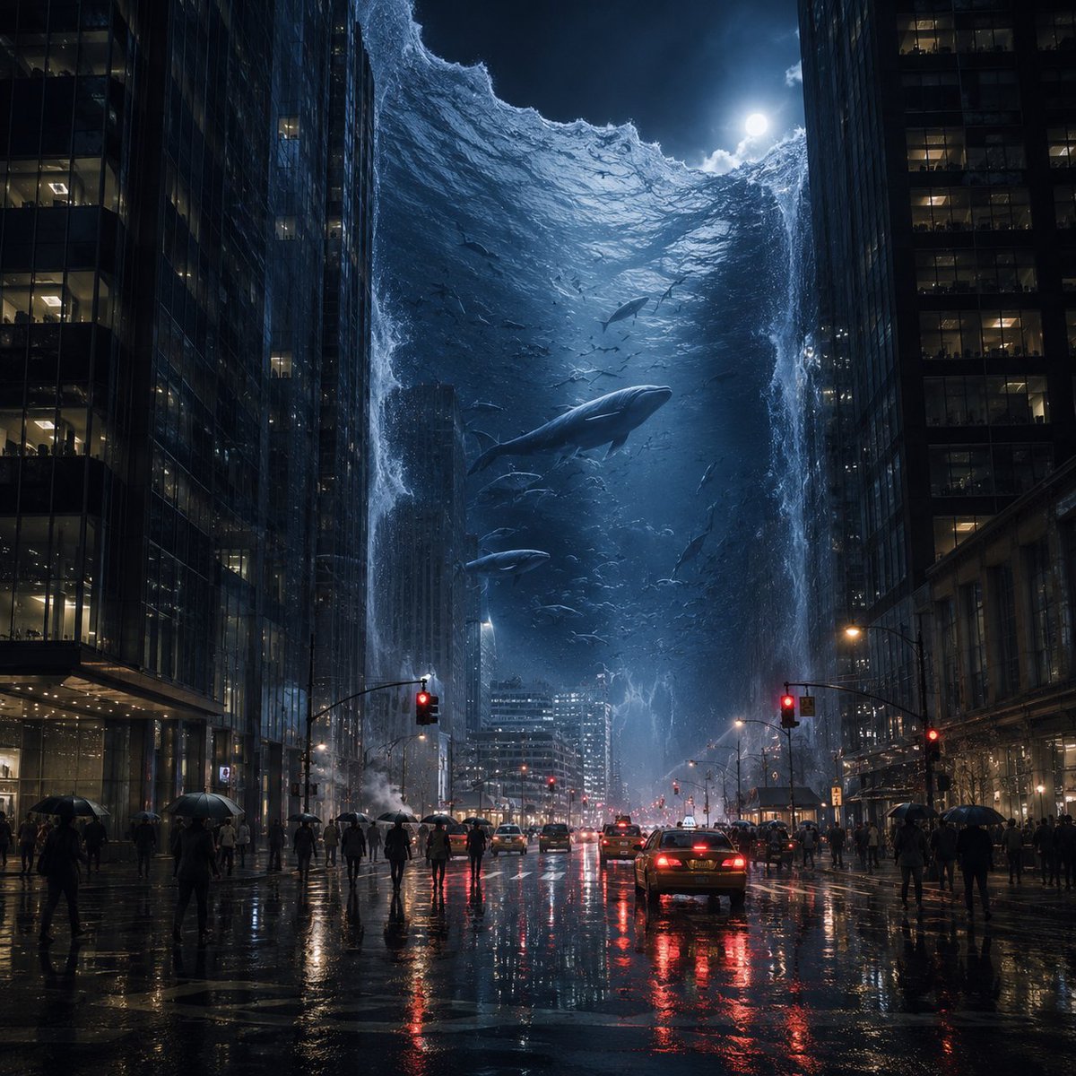 Social Media Post - Surreal Ocean Wall in Rainy City